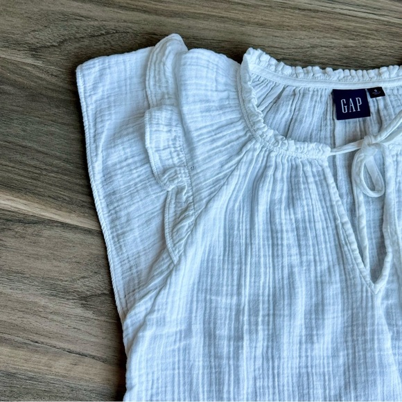 GAP White Crinkled Gauze Ruffle Sleeve Lightweight Boho Tie Neck Blouse Size S - Picture 8 of 9